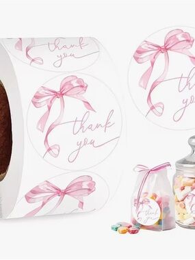 500Pc Pink Bow Thank You Stickers | 1in Roll NIP